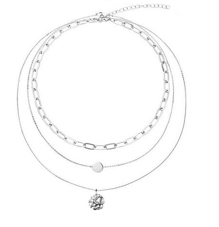 The layered necklace shown in a beautiful silver plating option with a flower charm.