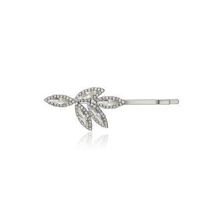 Leaf Crystal Hair Pin - A close-up of the Leaf Crystal Hair Pin in a silver tone, showcasing its intricate leaf design embellished with sparkling clear crystals.