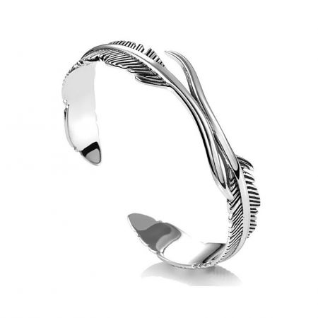 Feather Bangle For Men - A close-up studio shot of the Feather Bangle for Men, showcasing its detailed feather-like design and polished stainless steel finish.
