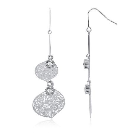 Detailed view of the silver leaf-shaped dangle earrings with an intricate filigree pattern.