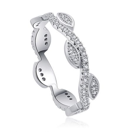 Another angle of the vintage leaf band ring, highlighting the rhodium plating and stone settings.