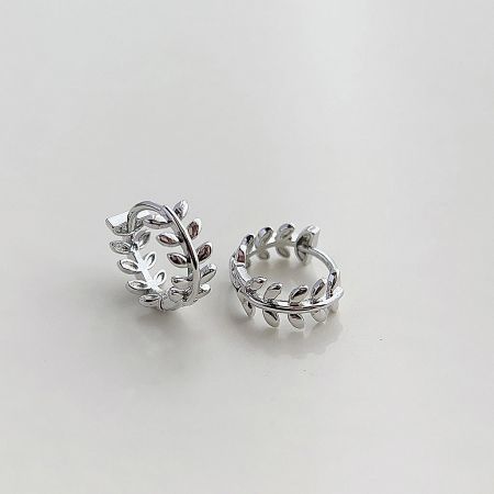 Silver Plated Leaf Wreath Tiny Hoop Earrings (5 pairs) - A pair of silver plated tiny hoop earrings designed in a delicate leaf wreath pattern, shown against a clean white background.
