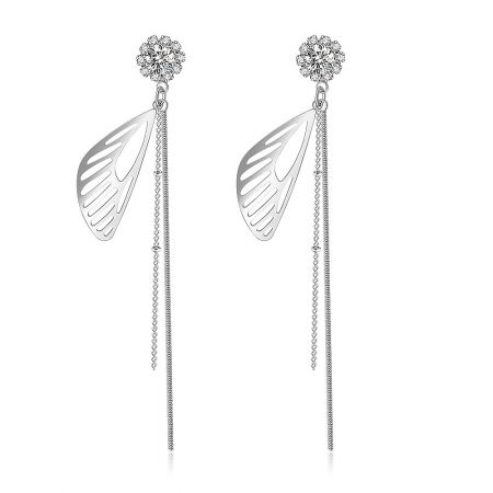 Leaf Crystal Chain Dangle Earrings - A pair of Leaf Crystal Chain Dangle Earrings, showcasing the silver leaf-shaped elements and delicate chain dangles against a white background.