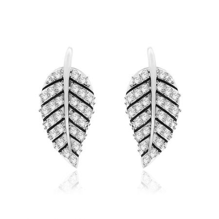 Pave Setting Leaf Earrings - A pair of Pave Setting Leaf Earrings made from rhodium-plated brass, adorned with brilliant white cubic zirconia stones.