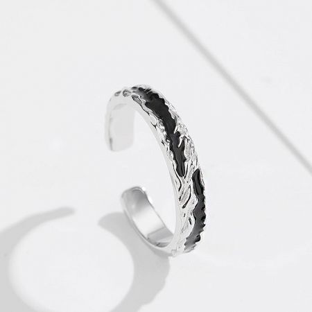 Men's sterling silver open ring with an intricate, nature-inspired leaf pattern.