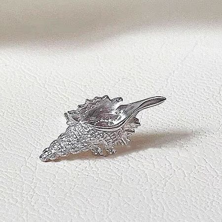 Detailed close-up of a silver conch shell stud earring.