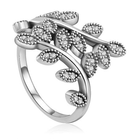 925 Sterling Silver Shimmering Leaves Ring - A close-up of the 925 Sterling Silver Shimmering Leaves Ring, showcasing its intricate leaf design adorned with sparkling cubic zirconia stones on a polished silver band.