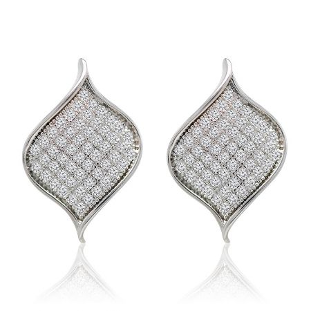 Accent Leaf Earring - A pair of Accent Leaf stud earrings made from rhodium-plated brass, featuring an intricate leaf design adorned with sparkling cubic zirconia stones.