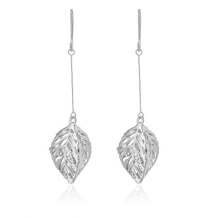 Silver Tone Cubic Leaf CZ Drop Earrings - A pair of Silver Tone Cubic Leaf CZ Drop Earrings, showcasing their intricate leaf design and sparkling cubic zirconia stones against a white background.
