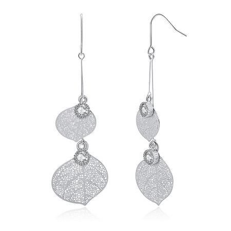 Close-up of the leaf-shaped earrings highlighting the filigree details and sparkling clear gemstones.