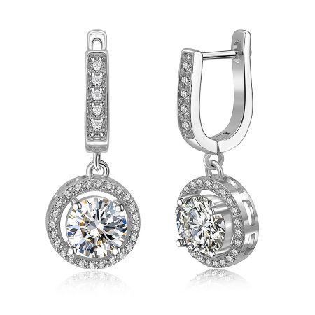 Detailed view of the pave surround setting and the secure post and clip design of the rhodium-plated zirconia earrings.