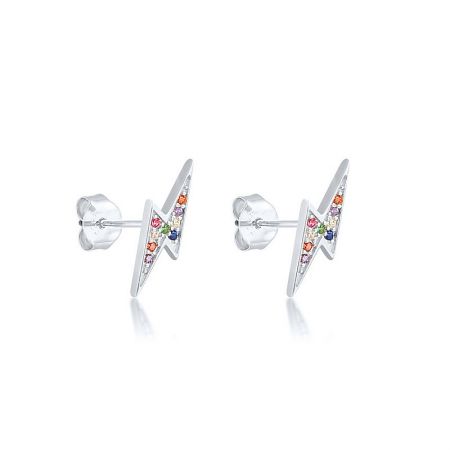 Silver-plated version of the 925 Sterling Silver Multi Color Lightning Bolt Mini Studs with rainbow cubic zirconia.