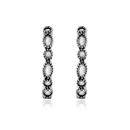 Small Zirconia Single Half Hoop Earring - A pair of Small Zirconia Single Half Hoop Earrings made from 925 sterling silver, featuring a sleek, modern design with a series of clear cubic zirconia gemstones.