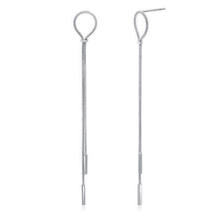 Snake Chain Dangling Earrings - A pair of minimalist Snake Chain Dangling Earrings with a polished rhodium finish, displayed against a white background.