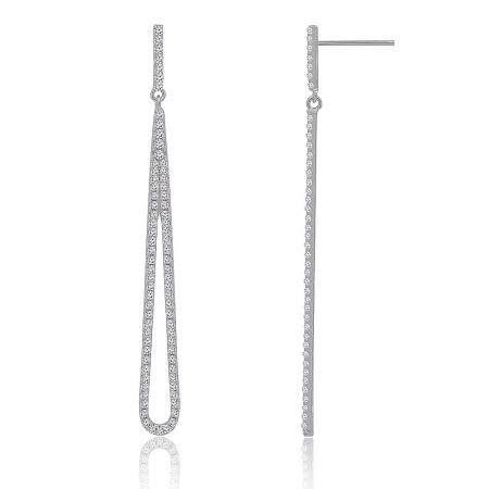Detailed view of the silver loop design with brilliant cubic zirconia accents on the teardrop earrings.