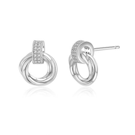 Detailed close-up of the interlocking circle earrings, highlighting the brilliant cubic zirconia stones.