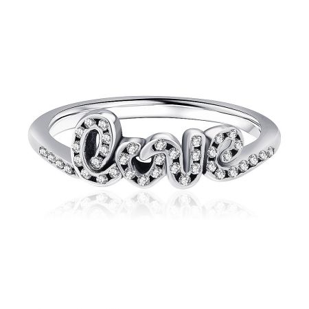 Vintage Love Letter Silver Plated Ring - Front view of the Vintage Love Letter Silver Plated Ring, highlighting the 'love' script design and sparkling white cubic zirconia.