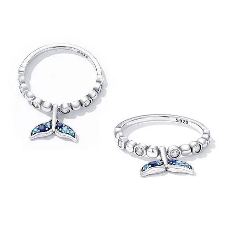 925 Sterling Silver Blue Clear CZ Mermaid Tail Finger Open Adjustable Ring Set of 5 - Close-up of two 925 sterling silver adjustable rings featuring a detailed mermaid tail design with sparkling blue and clear cubic zirconia stones.