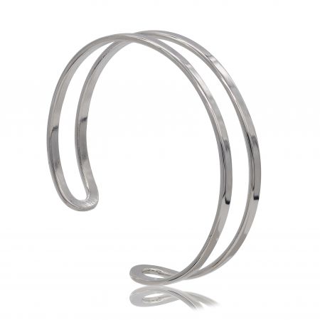 Twirling Silver Cuff - A minimalist Twirling Silver Cuff bracelet with three asymmetrical rows, shown against a clean white background to highlight its polished rhodium finish.