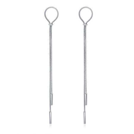 A pair of rhodium-plated snake chain dangling earrings shown from a side angle.