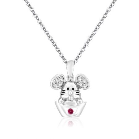 Silver Fortune Rat Necklace Wholesale - Close-up of the Silver Fortune Rat Necklace pendant, showcasing the detailed silver mouse head design with sparkling cubic zirconia accents on a rhodium-plated chain.