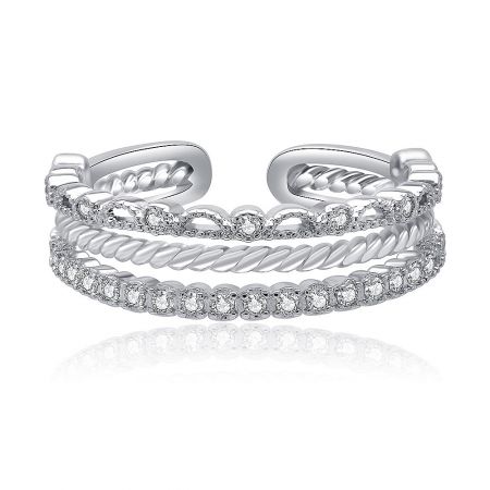 Spiral Statement Ring Wholesale - A multi-layered spiral statement ring in a silver-colored rhodium plating, adorned with sparkling cubic zirconia stones, shown on a white background.