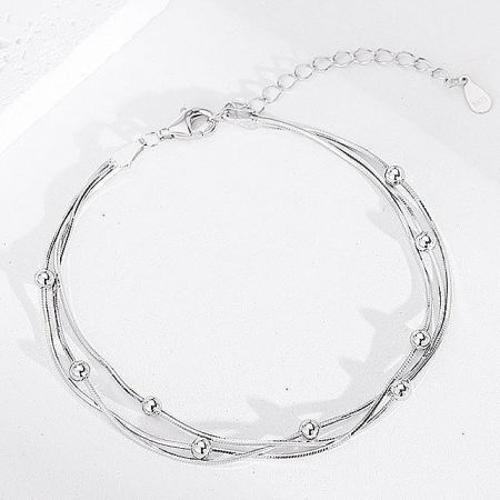 925 Sterling Silver Beads Multi-Layer Snake Chain Bracelets (Set of 5) - A set of 5 multi-strand 925 sterling silver bracelets with delicate beads, showcased on a clean white background.
