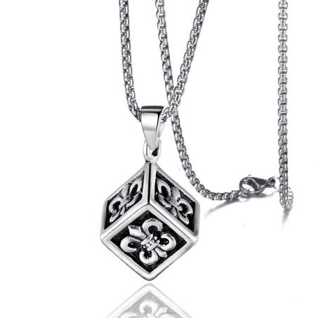 A silver necklace with a unique hexagonal pendant featuring a fleur-de-lis design, showcasing custom design options.