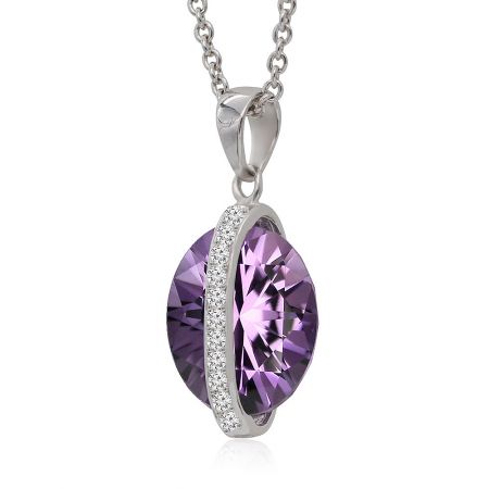 Detailed view of the Starry Universe pendant, highlighting the large oval violet cubic zirconia and its sparkling halo setting.