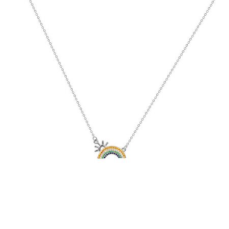 The platinum plated version of the sterling silver necklace with a colorful sun and rainbow zircon pendant.