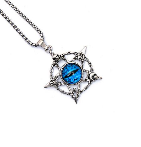 Blue Evil Eye Necklace For Men - Close-up of the Blue Evil Eye Necklace for Men, showcasing the intricate stainless steel pendant with a central blue gemstone and star-like framework.