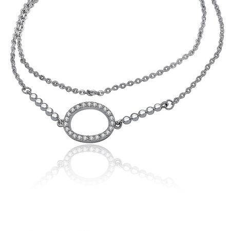 A matching silver double-chain necklace with a circular CZ pendant, showcasing the collection's cohesive design.