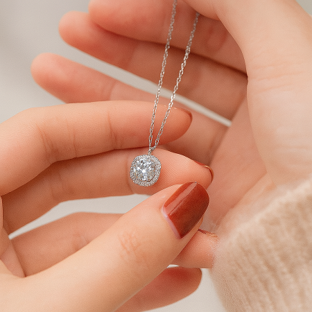 Detailed view of the sterling silver halo pendant with a delicate chain.