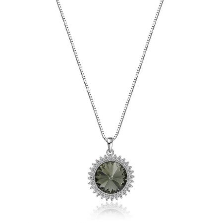Only Sunshine Swarovski Stone Cluster Pendant Necklace - A silver necklace with a pendant featuring a large dark gemstone surrounded by smaller clear gemstones, the Only Sunshine Swarovski Stone Cluster Pendant Necklace.