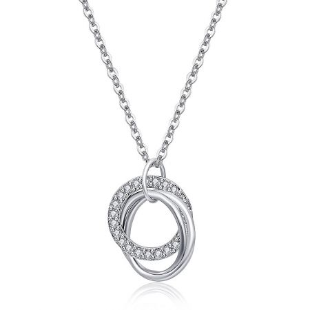 Rhodium Two Circle Pendant With Cubic Zirconia - A close-up of the rhodium-plated two-circle pendant necklace, with one circle beautifully adorned with sparkling cubic zirconia stones.
