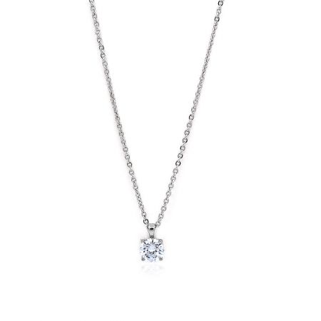 Classic Solitaire Prongs Set White CZ Necklace - A close-up of the Classic Solitaire Prongs Set White CZ Necklace, showcasing the brilliant 8mm cubic zirconia pendant on a rhodium-plated brass chain.