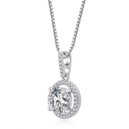 Close-up of the round cubic zirconia pendant, showing its sparkle and craftsmanship.