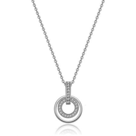 Contemporary CZ Round Fashion Pendant in Two Circles - A Contemporary CZ Round Fashion Pendant featuring a silver necklace with a brilliant diamond-encrusted circular pendant.