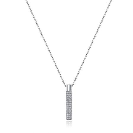 Cylinder Vertical Cubic Zirconia Bar Necklace - A close-up of the Cylinder Vertical Cubic Zirconia Bar Necklace, showcasing the rhodium-plated finish and the sparkling CZ stones on the vertical bar pendant.
