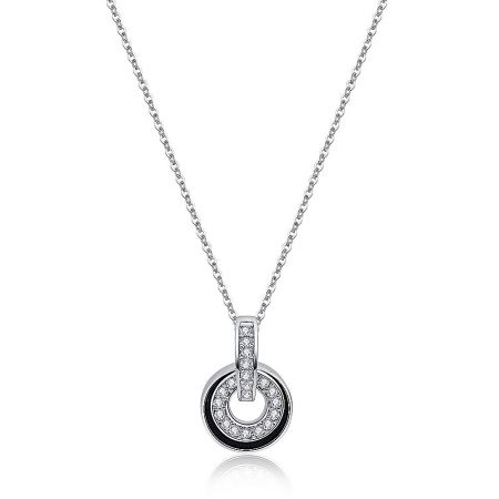 Double Round Pendants In Rhodium - Close-up of the Double Round Pendants in Rhodium necklace, showcasing the brilliant rhodium plating and the sparkling cubic zirconia on the double circle charm.