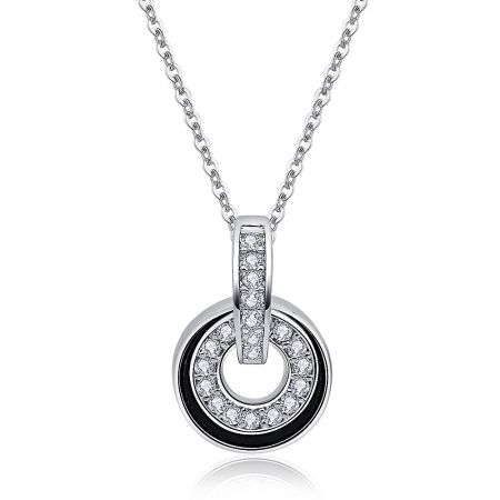 Angled shot of the rhodium-plated necklace, highlighting its polished finish and elegant design.