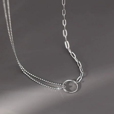 925 Sterling Silver Double Layer Circle Pendant Necklace Set of 5 - A clear product shot of the 925 sterling silver double-layer circle pendant necklace, showcasing its asymmetrical dual-chain design and elegant minimalist style.