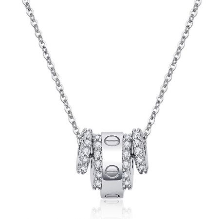 Side angle of the Pave Wheel Circles Necklace, highlighting the rhodium plating and cubic zirconia brilliance.