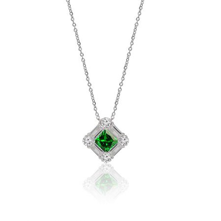 7MM Emerald Square CZ Necklace - A 7MM Emerald Square CZ Necklace featuring a silver chain and a diamond-shaped pendant with a central green emerald cubic zirconia surrounded by clear stones.