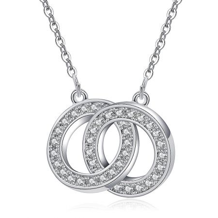 Close-up of the rhodium-plated interlocking circles pendant, one circle encrusted with brilliant cubic zirconia stones.