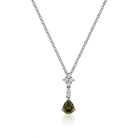 Pear Shaped Olive Dangle Necklace - A close-up of the Pear Shaped Olive Dangle Necklace, showcasing its silver chain and pendant with a large olive green teardrop cubic zirconia surrounded by smaller white stones.