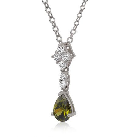 Detailed view of the olive green teardrop pendant on the Pear Shaped Dangle Necklace.