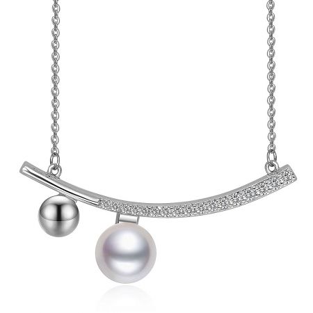 Side angle of the Elongated Bar CZ Pearl Necklace, highlighting the craftsmanship of the pendant.