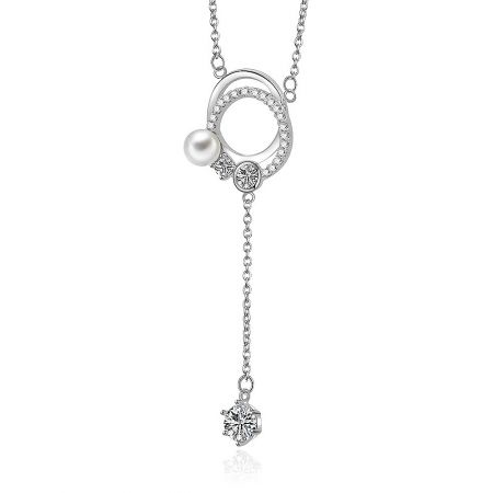 The Double Ring Drop CZ Pendant shown from an angle, highlighting the brilliant rhodium plating and sparkling stones.