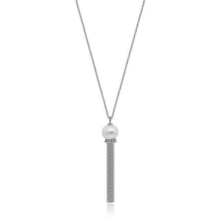 Dangle Pearl Tassel Long Necklace - Dangle Pearl Tassel Long Necklace featuring a rhodium-plated chain with a large glass pearl and a silver bead tassel pendant.